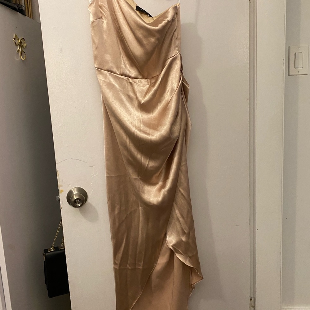 White Fox Boutique One-Shoulder Satin Gown in Champagne